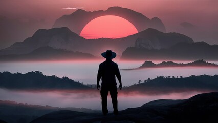 Silhouette of person in hat standing on mountain ridge at sunrise with dramatic misty landscape, pink sky, and large sun behind distant peaks