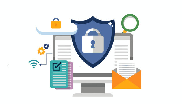 Flat lay illustration of a computer with a blue shield and padlock surrounded by cybersecurity icons on a white background. - Powered by Adobe