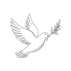 Obraz premium Dove carrying an olive branch in flight, line art illustration.