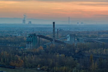 Aerial drone view of Industrial steel factory, iron works. Metallurgical plant. steelworks. Heavy industry in Europe, Poland, Dabrowa Gornicza. Air pollution from chimneys. Ecology and environmental