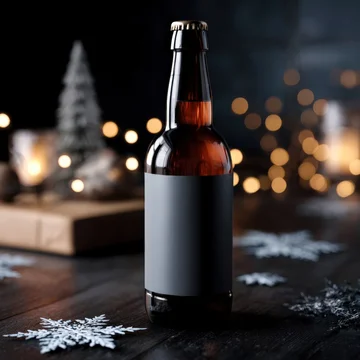 Festive beer label mockup with bright lights and winter decoration