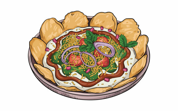 Indulge in vibrant, flavorful chaat with delicious toppings and crispy fried puri, a perfect Indian street food delight for any occasion