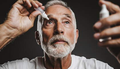 A mature senior man with a white beard carefully applying medicated eye drops for eye treatment and health care concept