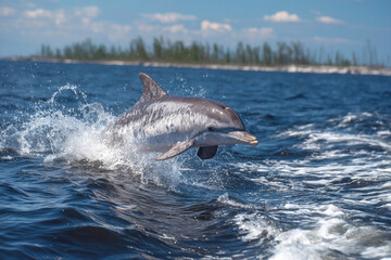 Naklejka premium Dolphin leaps gracefully above ocean waves under bright sky
