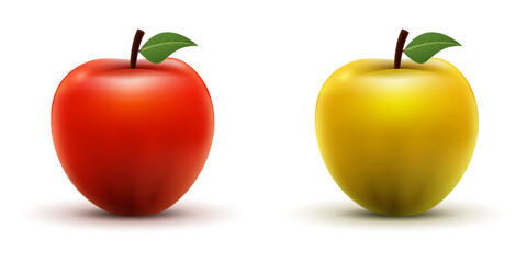 Realistic red and yellow apples with green leaves on white background. Fresh fruit illustration symbolizing health, freshness, and organic nutrition concept.