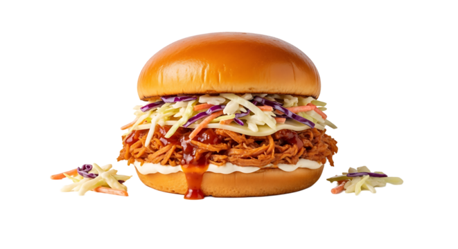 Indulge in a hearty delight! A scrumptious sandwich filled with succulent pulled meat and zesty coleslaw for a perfect bite.