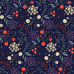 Seamless floral pattern with red, cream, and purple flowers on a dark navy background. Elegant and vintage-inspired design