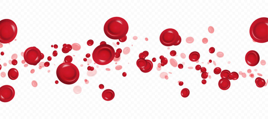 Red blood cells and white blood cells in motion on a white background. Isolated red blood cells for medical and biological visualization materials and healthcare design.
