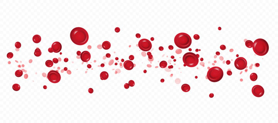 Red blood cells and white blood cells in motion on a white background. Isolated red blood cells for medical and biological visualization materials and healthcare design.
