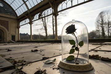 single black rose in glass dome
