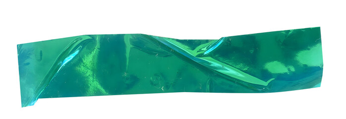 Crumpled torn pieces of green wrinkled holographic tape, iridescent adhesive shiny masking tape, sticky torn neon metallic foil texture on transparent background, y2k design
