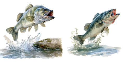 jumping bass fish on top water watercolor vector illustration