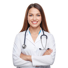 Smiling Female Doctor in White Coat With Stethoscope in a Bright Setting