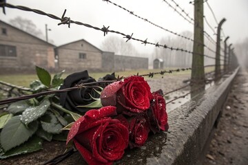 black and blood red roses entwined with barbed wire petals glistening with dew like tears gothic horror aesthetic hauntingly beautiful detailed texture