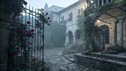 ancient stone courtyard overgrown with gothic roses iron gate ivy creeping through cracks twilight ambiance misty air