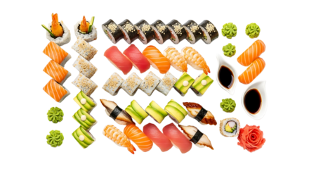 A delectable sushi platter arranged against a stark transparent background, a true visual feast for culinary enthusiasts.