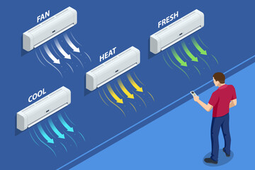 Isometric man using remote to control air conditioners with cool, heat, fan, and fresh modes on a wall. Concept of smart home, HVAC control, and modern climate technology.