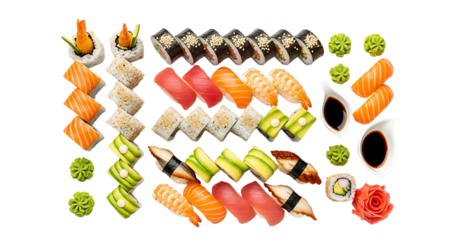 A delectable sushi platter arranged against a stark transparent background, a true visual feast for culinary enthusiasts.