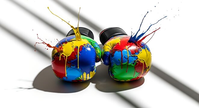 Two boxing gloves exploding with vibrant colorful paint splashes against a stark white background with shadow lines