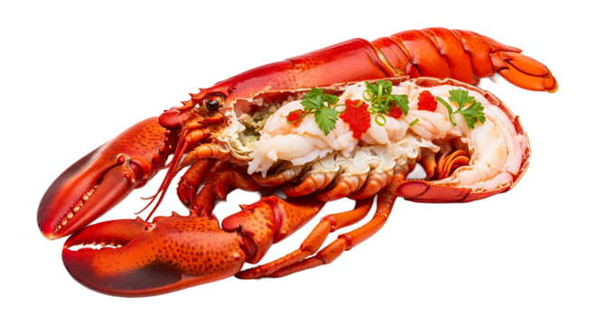 A delectable lobster, bisected and lavishly filled with succulent shrimp and garnished with herbs and roe.