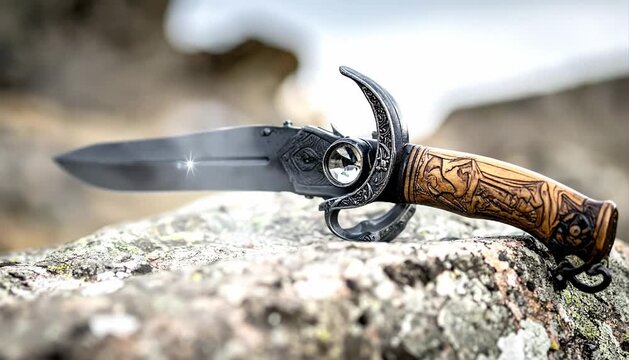 Intricate Handcrafted Dagger with Ornate Handle Resting on a Textured Rock Surface.