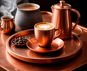 Fototapeta premium Coffee set, saucer, small pot and tray in copper color