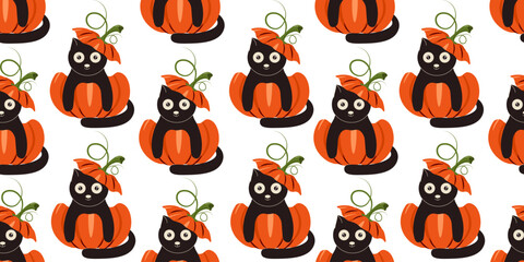 Halloween Wrapping Paper template design. Vector illustration of cute black cat in pumpkin seamless pattern. Perfect Halloween wallpaper Wrap Paper layout. Fun autumn wallpaper decor EPS 10