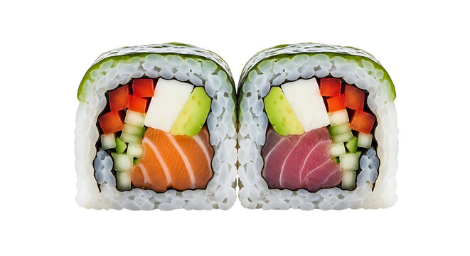 Two maki sushi rolls: one featuring salmon, the other tuna, both vibrant and delicious, served on a transparent background.