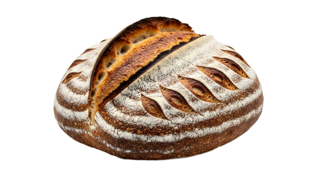 Artisan sourdough bread with a patterned crust, showcasing its texture and baking process. Ready for a gourmet meal.