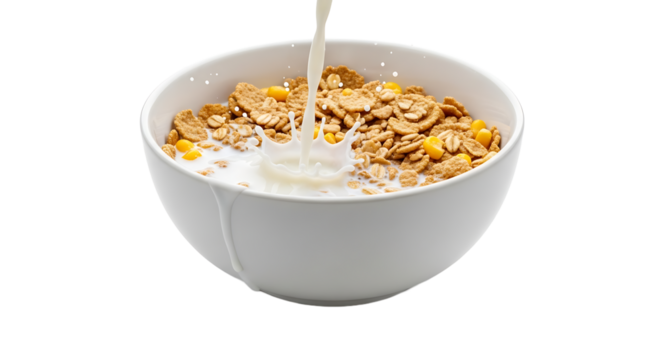 A creamy dairy product being poured on top of cereal, creating a milk splash effect in a white bowl. Delicious!