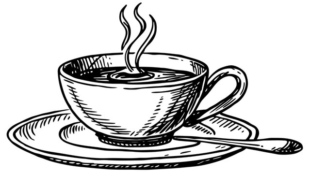 Very beautiful hand-drawn cup of steaming coffee with a spoon resting on a saucer, illustrated in elegant vintage sketch style with fine lines and classic shading details.