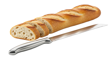 Freshly baked, sliced baguette served with a serrated knife to emphasize the bread's crisp crust and soft interior.