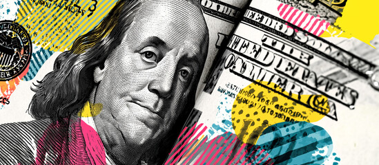 Obraz premium Abstract money texture dollar currency finance cash banknote collage halftone pop art colorful energy