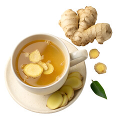 Cup of ginger tea alternative medicine natural homemade for cold and flu on white background