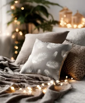 New Year cushion design mockup in cozy bedroom setting