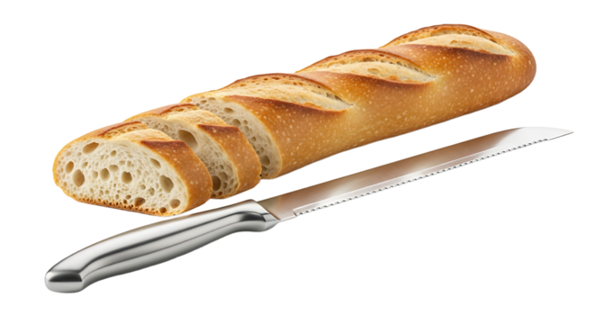Freshly baked, sliced baguette served with a serrated knife to emphasize the bread's crisp crust and soft interior.