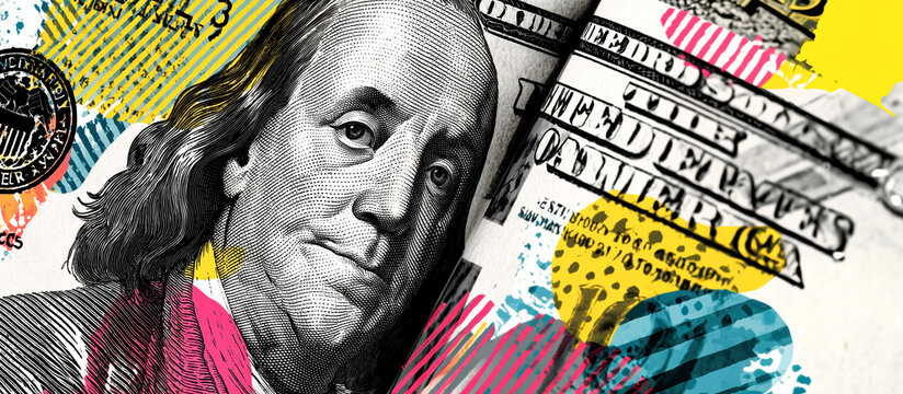 Abstract money texture dollar currency finance cash banknote collage halftone pop art colorful energy