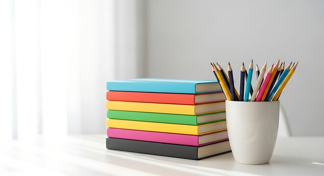 Stack of colorful books next to a cup filled with sharpened pencils on a white table with soft window light