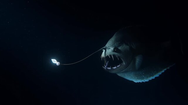 An anglerfish lurks in the inky abyss, its bioluminescent lure twinkling like a distant star, a silent predator awaiting its next meal.
