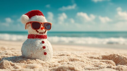 Snowman made of sand wearing Santa hat and glasses on the beach