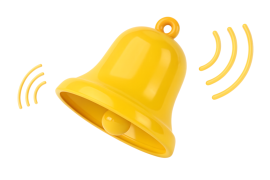 A yellow bell ringing isolated on transparent background