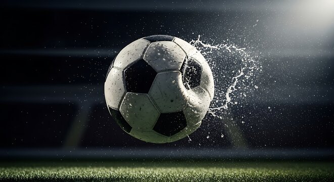 Dynamic soccer ball in action with a splash of water, captured in a thrilling moment on a green field under stadium lights, symbolizing the intensity and power of the game - Powered by Adobe