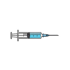 Medical syringe with blue liquid for vaccination illustration.