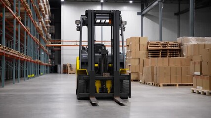 An autonomous forklift in a vast, well-lit warehouse with rows of shelving and stacks of cardboard boxes, emphasizing industrial storage solutions. - Powered by Adobe