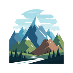 Majestic Mountain Landscape with Winding River and Pine Trees.