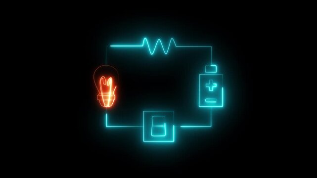 Closed Electric Circuit with Battery, Switch, Resistor, and Glowing Neon Lamp &ndash; Electrical Energy Flow Concept