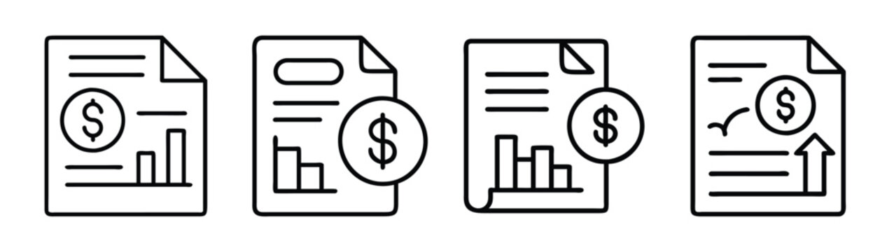 Financial report analysis and growth chart icon set for business and investment success planning