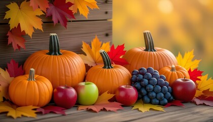 Pumpkins, Grapes, and Apples – Autumn Still Life 300 DPI. Perfect for fall-themed invitations, posters, or home decor. AI generated image