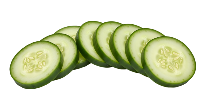 Perfectly sliced cucumbers lined up in an arc, showcasing their vibrant green rinds and pale green seedy centers.