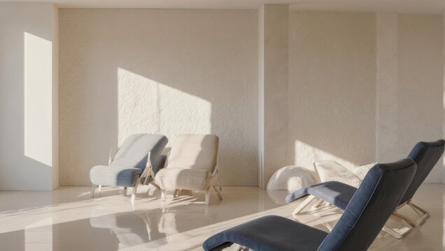Bright room with chairs and sunlight, minimalist design.